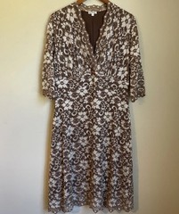 Kiyonna Brown & White Silver Floral Lace Midi Dress With 3/4 Sleeves Size 1