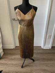 Banana Republic Metallic Gold Pleated Cami Midi Dress Sz 8