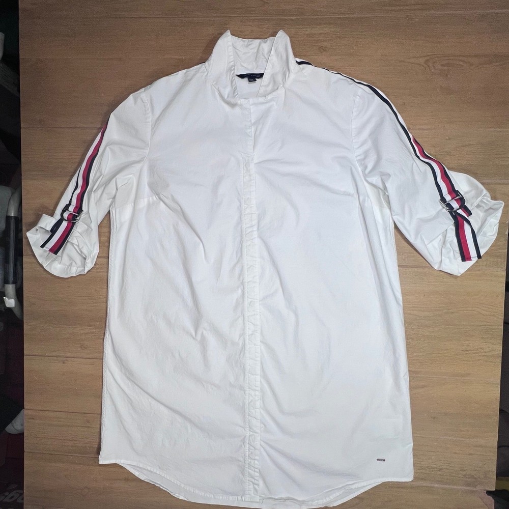 Tommy Hilfiger White Cotton Poplin Stripe Sleeve D-Ring Shirt Dress XXL 76A8298