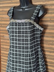 TAHARI Size 10 Black White Boucle Fringe Tweed Silver Beaded Rhinestone Dress