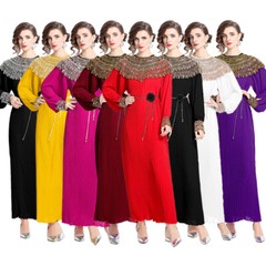 Chiffon Sequins Applique Loops Long Sleeve Women Casual Party Midi Pleated Dress