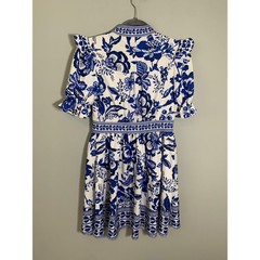 Floral Ruffle Puff Sleeve Button Front Mini Dress Women Size S Blue White