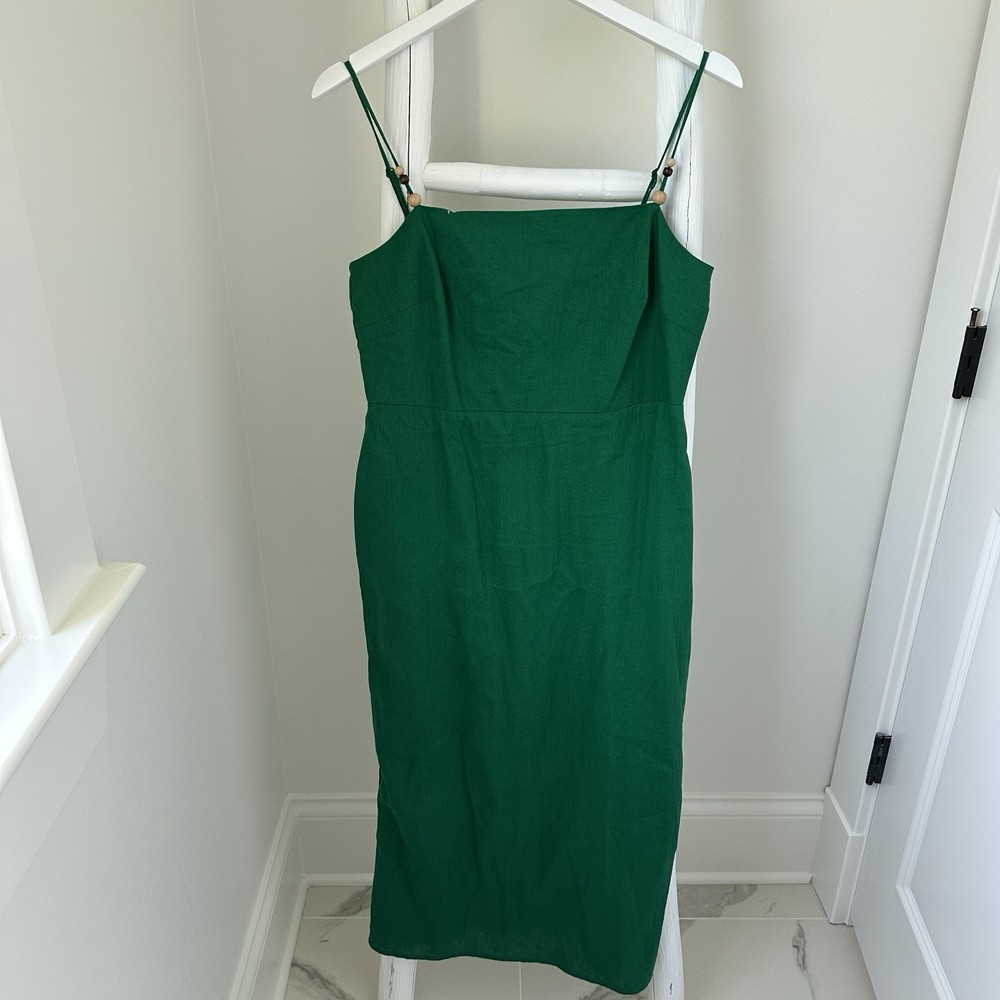 Rachel Zoe Green Solid Square Neck Smocked Lined Slip Midi Dress M