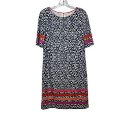 Eliza J Navy + White Printed Shift Dress With Coral + Pink Stripes Size Woman&rsquo;s