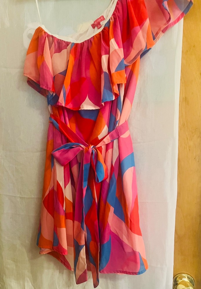 Pink,Orange and Blue Abstrack Leaf-Like Shapes Midi DresssSize L