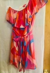 Pink,Orange and Blue Abstrack Leaf-Like Shapes Midi DresssSize L