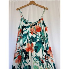 Lilac + London Tropical Floral Maxi Dress XL White Orange Green High Low Pockets