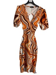 Pink Vanilla Womens UK 10 Orange Retro Swirl Cut Out Mini Dress Puff Sleeve
