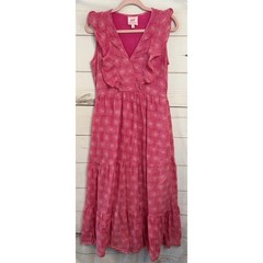 Banjanan Pink Floral Ruffle V-Neck Tiered Cotton Midi Dress Womens Size M
