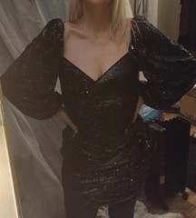 FIESTAR Size LG BLACK SEQUINED LONG SLEEVE FORMAL EVENING DRESS Zipper Back NEW