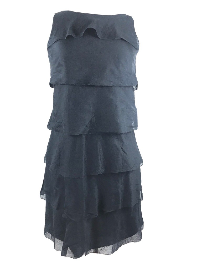 Talbots 8P NAVY Tiered Ruffle Sheath Shift Dress 100% Cotton Sleeveless 8 PETITE