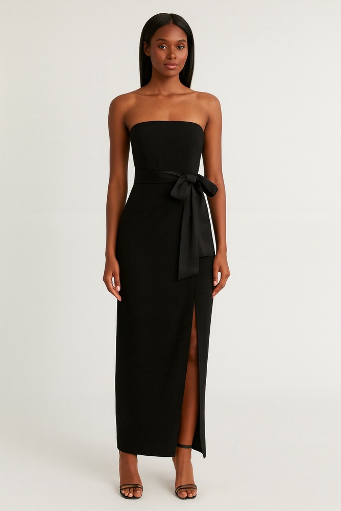 H HALSTON Black Strapless Drape Satin Bow Trim Front Slit Stretch Knit Gown 2 XS