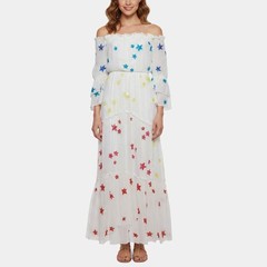 Rococo Sand White Embellished Crepe Off Shoulder Maxi Dress S