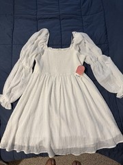 Arula White Solid Polyester Smocked Short Dress Square Neck Puff Sleeve XL