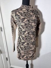 Zara Black beige Patterned fitted ruched Midi sweater Dress Size Medium Large