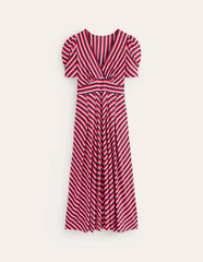 BODEN Kristen Pleated Jersey Dress Strawberry Sherbet Geometric Birdie Print 6R