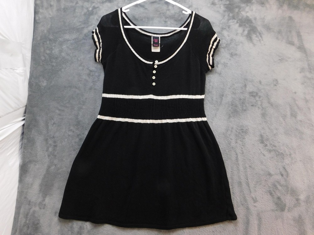 Wrapper Sweater Dress Womens Medium Black Striped Scoop Neck Cap Sleeve Smocked