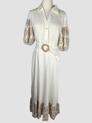 Solitaire Ivory & Beige Embroidered Maxi Dress Sz M Eyelet Sleeve Boho Prairie