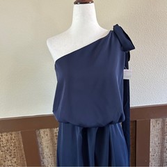 Amylynn One Shoulder Satin Midi Dress with Shoulder Bow in Navy Medium NWT