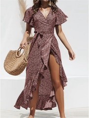 CUPSHE Women&rsquo;s Summer Wrap Maxi Dress Casual Split Flared Short Sleeve Tie Waist
