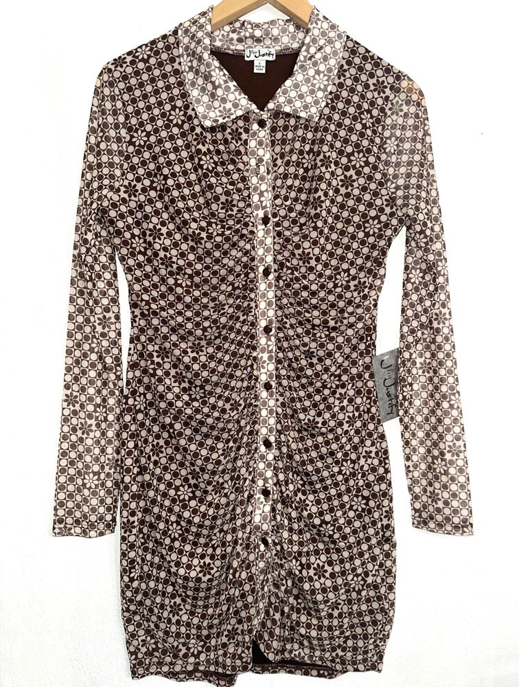 J For Justify Retro Shirt Dress With Collar Ruched Front Size Large Brown/Combo