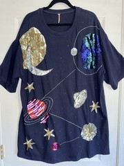 FREE PEOPLE Beyond Infinity Sequin Beaded Moon Planets Stars Tee Shirt Dress L