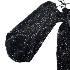 Listicle Women’s S Black Sequin Velvet Long Puff Sl. Tie Front Mini Dress LD1295