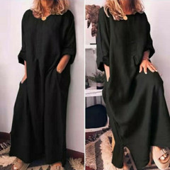 Ladies Side Split V-Neck Cotton Dress Casual Loose Longshirt Holiday Dress –