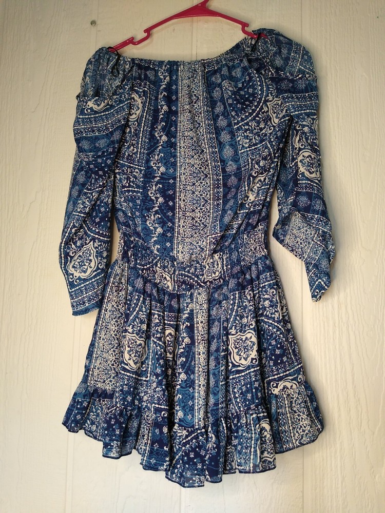 Surf Gypsy Womens M Havana Off Shoulder Tunic Dress Blue Lined Ruffle Mini NWT