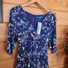 Eucalyptus NWT Bird Print Blue Pink Floral Fit Flare Dress Surplice Pleated Sz L