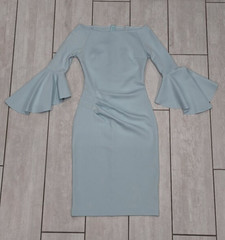 Elegant Flounce Sleeve Ruched Bodycon Boat Neck Midi Dress in Baby Blue
