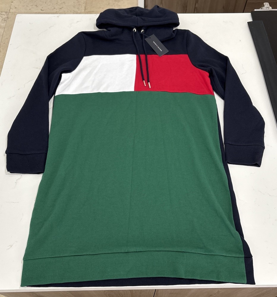 Tommy Hilfiger Red, White, Blue, Green Colorblock Hooded Sweatshirt Dress Size L