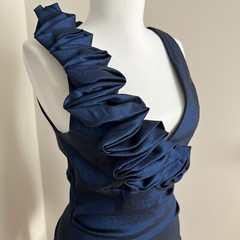 Vintage Betsy & Adam Navy Satin Midi Dress S Rushed Ruffle Glam Event Party
