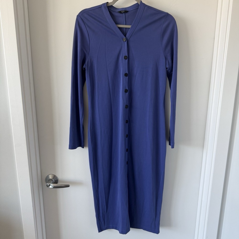BRASS • Blue Long Sleeve Button Front Modal Knit Midi Dress S Wear To Work
