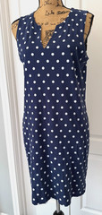 Lands End Shift Dress Sleeveless V-Neck Pockets Polka Dot Blue Cotton L 10 12