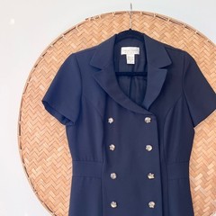 VINTAGE CASUAL CORNER PETITE BLACK NAUTICAL DOUBLE-BREASTED MINI DRESS CRUISE