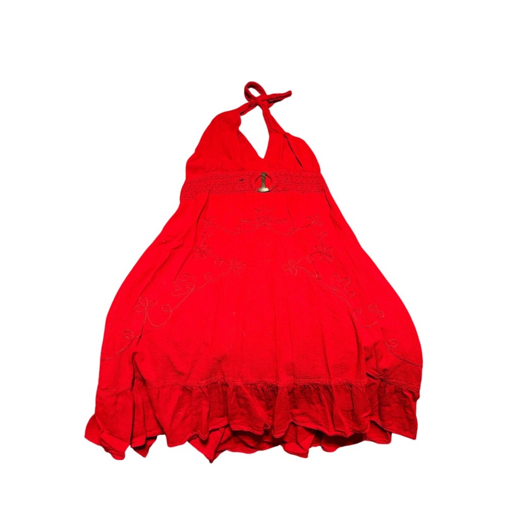 Alocam Womens Red Halter Dress Large Embroidered Crochet Boho Sundress