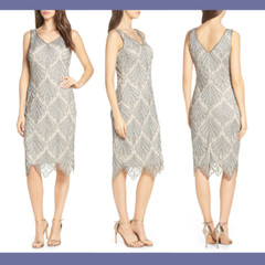 NEW Pisarro Nights [size 10 ] Beaded Fan Sheath Dress in Silver Grey #G435