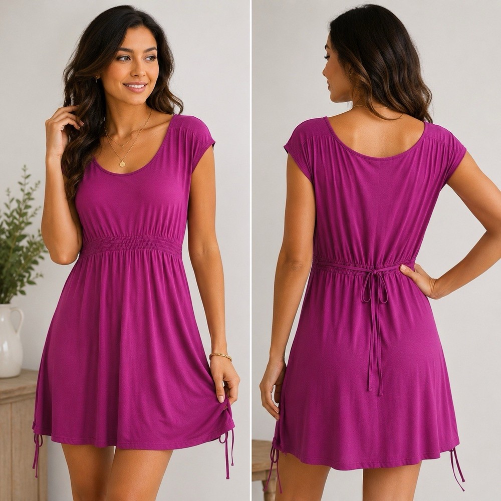 LOFT Purple Solid Jersey Rayon Blend Scoop Neck Drawstring A-Line Dress L