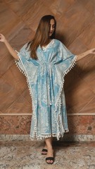 Artisan Block Print Cotton Dress, Boho Floral Resort Wear, Indian Kaftan Maxi