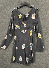Free People Sunshadows Split-Sleeve Mini Dress Womens Size 6 Black Floral Boho