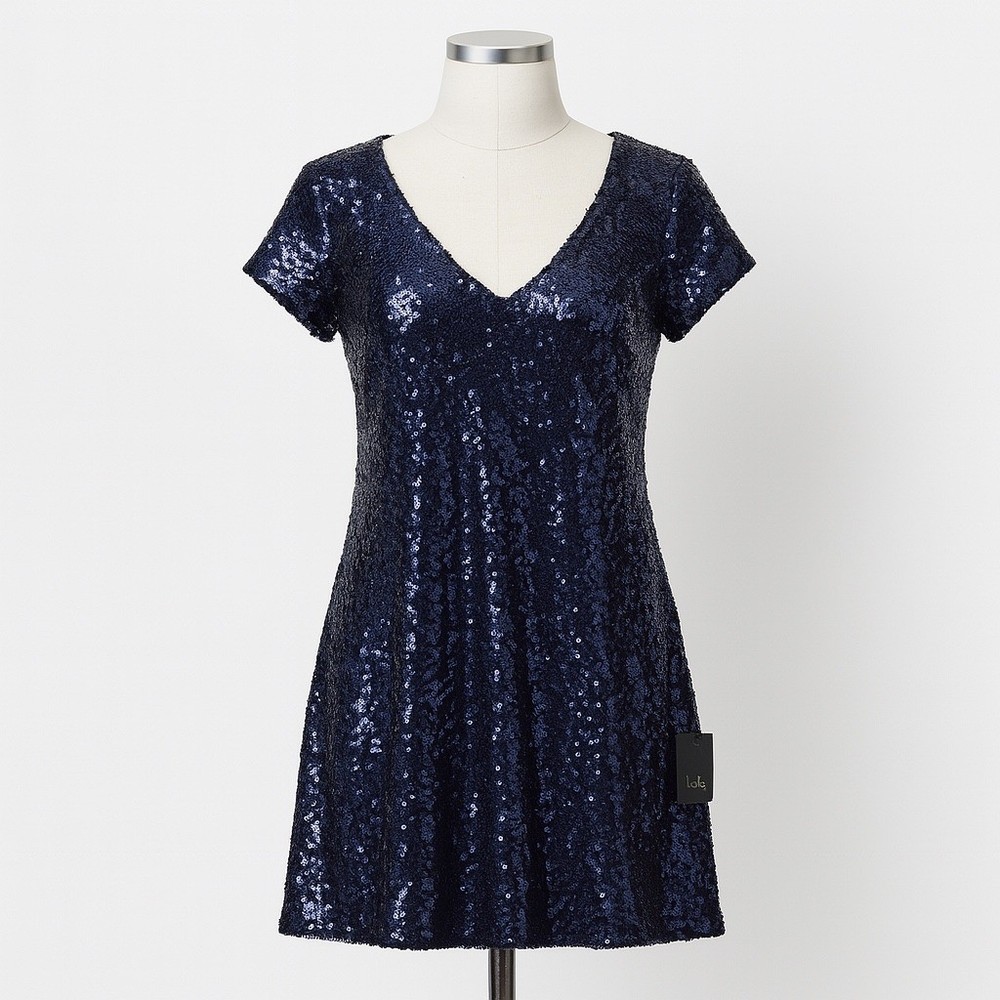 Lulus Sequin T-Shirt Mini Dress Womens XS Navy Blue V Neck Party Cocktail