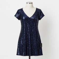 Lulus Sequin T-Shirt Mini Dress Womens XS Navy Blue V Neck Party Cocktail