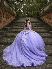 Shiny Lavender Tasseled Off Shoulder Quinceanera Dress Lace Applique Ball Gowns