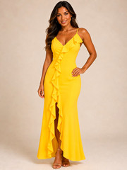 LUXXEL Women’s Yellow Solid V-Neck Sleeveless Ruffle Maxi Dress Tie Back M