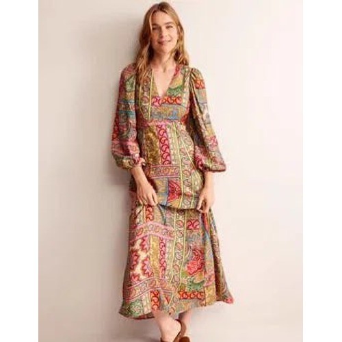 Boden Blouson Maxi Tea Dress Women 14 Pink Paisley Silk Blend Flowy Cottagecore