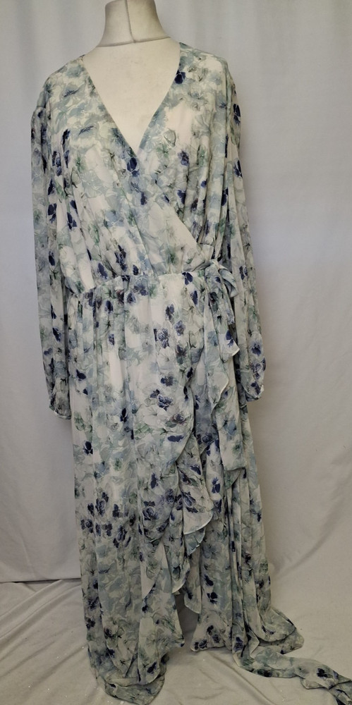 Jenny Packham Wrap dress Long Sleeve Tie Belt UK22 Occasion V Neck Blue E5576