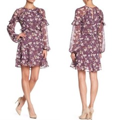 ASTR Floral Ruffle Chiffon Mini Dress M Purple Semi Sheer Long Sleeve Romantic