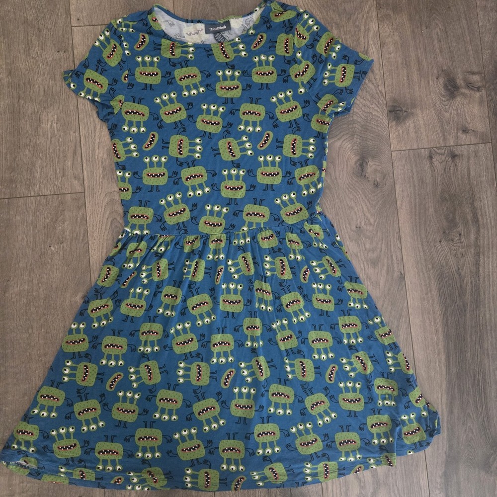 ModCloth Monster Alien A-Line Skater Dress S Blue Green Rayon Spandex Stretchy