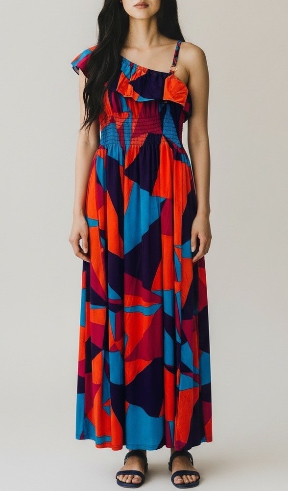 NwT Julia Fashion Silk Blend Maxi Slip Dress L/XL Geometric Asymmetric Beach